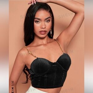 SHEIN Black Velvet Crop Top with Gold Chain Straps